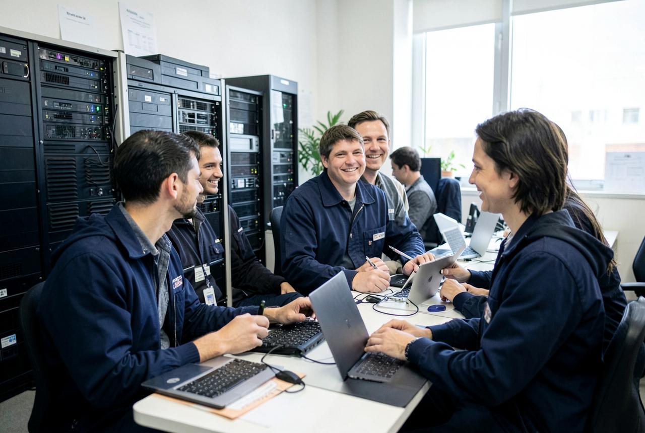 Team members collaborating over a modern phone and video system